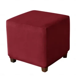Stretch Ottoman Cover Burgundy Velvet Square Ottoman Slipcovers Rectangular Foldable Storage Stool Cover Bench Cover Furniture Protector Soft Slipcover with Elastic Bottom