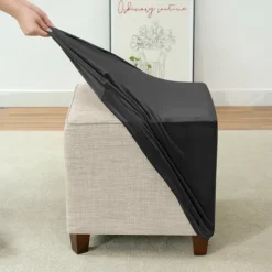 Stretch Ottoman Cover Burgundy Velvet Square Ottoman Slipcovers Rectangular Foldable Storage Stool Cover Bench Cover Furniture Protector Soft Slipcover with Elastic Bottom