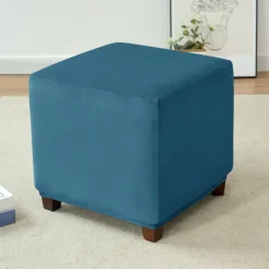 Stretch Ottoman Cover Burgundy Velvet Square Ottoman Slipcovers Rectangular Foldable Storage Stool Cover Bench Cover Furniture Protector Soft Slipcover with Elastic Bottom