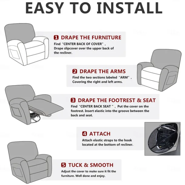 Stretch Recliner Cover Burgundy Recliner Covers Arm Chair Slipcover Like Leather Washable Couch Cover Pocket Protector for Pet, Dogs(1 Backest Cover,1 Seat Cover,2 Armrest Cover)