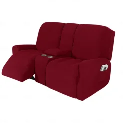 Stretch Recliner Covers Burgundy Loveseat with Middle Console Slipcover Recliner Loveseat Sofa Cover with Side Pocket(3 Armrest Cover,3 Backrest,2 Seat Cover)