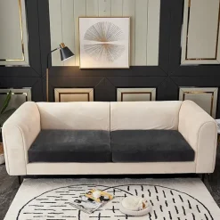 Stretch Sofa seat Cushion Cover Velvet Slipcover Elastic Couch Armchair Loveseat 4 or 3 Seater Grey Burgundy Red Black Blue Plain Solid Soft Durable Washable