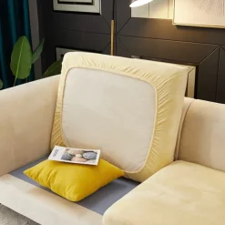 Stretch Sofa seat Cushion Cover Velvet Slipcover Elastic Couch Armchair Loveseat 4 or 3 Seater Grey Burgundy Red Black Blue Plain Solid Soft Durable Washable