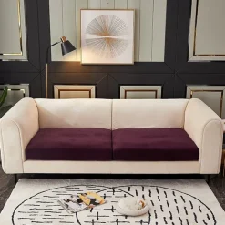 Stretch Sofa seat Cushion Cover Velvet Slipcover Elastic Couch Armchair Loveseat 4 or 3 Seater Grey Burgundy Red Black Blue Plain Solid Soft Durable Washable
