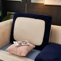 Stretch Sofa seat Cushion Cover Velvet Slipcover Elastic Couch Armchair Loveseat 4 or 3 Seater Grey Burgundy Red Black Blue Plain Solid Soft Durable Washable