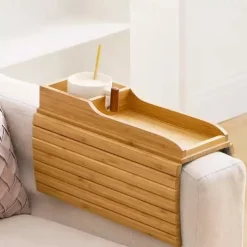 Stylish Bamboo Sofa Armrest Tray with Cup Holder - Anti-Fall Design, Foldable Storage Table for Snacks, Phones, Beverages & Cups, Contemporary Home Accessory, Beverage Tray Modern Bamboo Tray