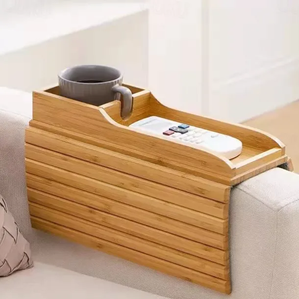 Stylish Bamboo Sofa Armrest Tray with Cup Holder - Anti-Fall Design, Foldable Storage Table for Snacks, Phones, Beverages & Cups, Contemporary Home Accessory, Beverage Tray Modern Bamboo Tray