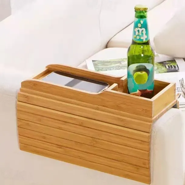 Stylish Bamboo Sofa Armrest Tray with Cup Holder - Anti-Fall Design, Foldable Storage Table for Snacks, Phones, Beverages & Cups, Contemporary Home Accessory, Beverage Tray Modern Bamboo Tray