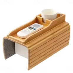Stylish Bamboo Sofa Armrest Tray with Cup Holder - Anti-Fall Design, Foldable Storage Table for Snacks, Phones, Beverages & Cups, Contemporary Home Accessory, Beverage Tray Modern Bamboo Tray