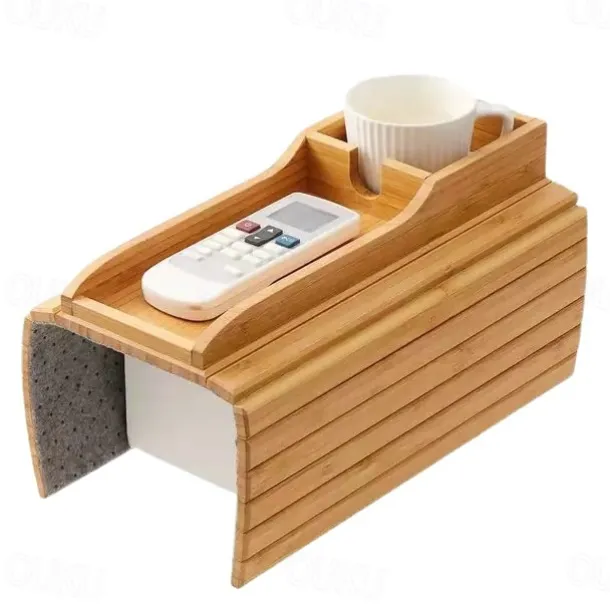 Stylish Bamboo Sofa Armrest Tray with Cup Holder - Anti-Fall Design, Foldable Storage Table for Snacks, Phones, Beverages & Cups, Contemporary Home Accessory, Beverage Tray Modern Bamboo Tray