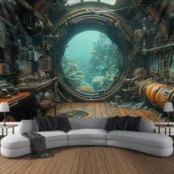 Submarine Cabin Undersea Hanging Tapestry Wall Art Large Tapestry Mural Decor Photograph Backdrop Blanket Curtain Home Bedroom Living Room Decoration