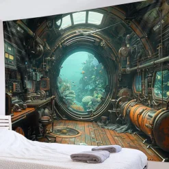 Submarine Cabin Undersea Hanging Tapestry Wall Art Large Tapestry Mural Decor Photograph Backdrop Blanket Curtain Home Bedroom Living Room Decoration