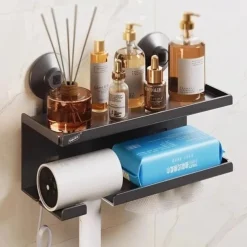 Suction Cup Hair Dryer Storage Organizer with Shelf for Bathroom. Reusable, Rustproof, Wall Mounted. No Drill, No Glue, Nail Free
