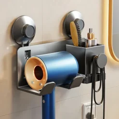 Suction Cup Hair Dryer Storage Organizer with Shelf for Bathroom. Reusable, Rustproof, Wall Mounted. No Drill, No Glue, Nail Free