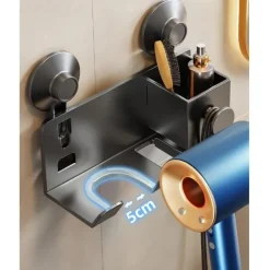 Suction Cup Hair Dryer Storage Organizer with Shelf for Bathroom. Reusable, Rustproof, Wall Mounted. No Drill, No Glue, Nail Free