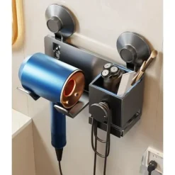Suction Cup Hair Dryer Storage Organizer with Shelf for Bathroom. Reusable, Rustproof, Wall Mounted. No Drill, No Glue, Nail Free