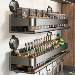 Suction Cup Kitchen Organizer with Hook 30/40/50cm, No Drill Hanging Spice Rack, Bathroom Shower Rack for Storage, Space Saving Shelves for Kitchen, Bathroom and Living Room