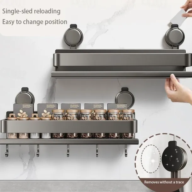Suction Cup Kitchen Organizer with Hook 30/40/50cm, No Drill Hanging Spice Rack, Bathroom Shower Rack for Storage, Space Saving Shelves for Kitchen, Bathroom and Living Room