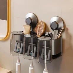 Suction Cup Toothbrush Holder with Cups, Bathroom Shelf Mouthwash Cup Toothbrush Holder, Shower Organiser, Wall Mounted Toothbrush, Bathroom Organiser, No Drill Toothbrush Organiser