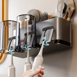 Suction Cup Toothbrush Holder with Cups, Bathroom Shelf Mouthwash Cup Toothbrush Holder, Shower Organiser, Wall Mounted Toothbrush, Bathroom Organiser, No Drill Toothbrush Organiser