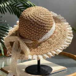 Summer Elegant Crochet Straw Hat with Ruffle One Size Sunshade