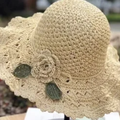 Summer Elegant Crochet Straw Hat with Ruffle One Size Sunshade