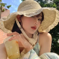 Summer Elegant Crochet Straw Hat with Ruffle One Size Sunshade