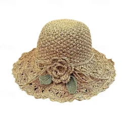 Summer Elegant Crochet Straw Hat with Ruffle One Size Sunshade