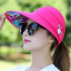 Summer Foldable Sunscreen Hat Wide Brim Women Solid Color Beads Flower Decor Sun Hat Visors Outdoor Sports Cap