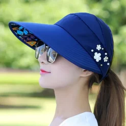 Summer Foldable Sunscreen Hat Wide Brim Women Solid Color Beads Flower Decor Sun Hat Visors Outdoor Sports Cap