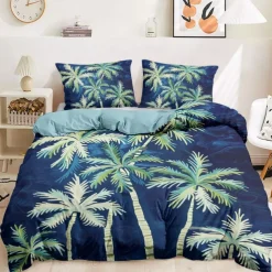 Summer Palm Leaves Duvet Cover Set Cotton Tropical Plants Pattern Set Soft 3-Piece Luxury Bedding Set Home Decor Gift Twin Full King Queen Size Duvet Cover