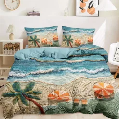 Summer Seaside Duvet Cover Set Cotton Aqua Ocean Pattern Set Soft 3-Piece Luxury Bedding Set Home Decor Gift Twin Full King Queen Size Duvet Cover