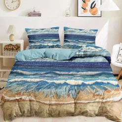 Summer Seaside Duvet Cover Set Cotton Aqua Ocean Pattern Set Soft 3-Piece Luxury Bedding Set Home Decor Gift Twin Full King Queen Size Duvet Cover