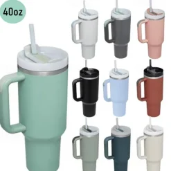 Summer Tumbler with Handle 40 oz and Straw Lid, 304 Stainless Steel Water Bottle, Travel Mug Insulated Tumblers Iced for Tea Coffee Gift, Large Capacity Car Cup with Straw