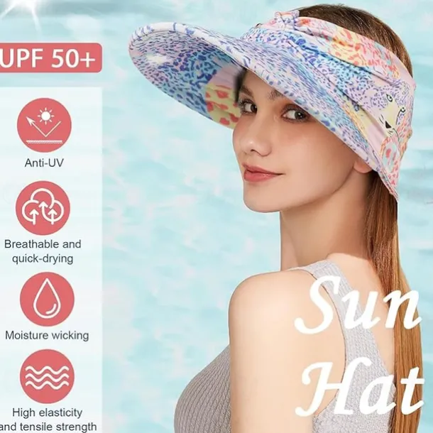 Sun Visor Hats for Women with Large Brim Foldable Visor Cap Beach Hat Sun Protection UPF 50+ Designed for Outdoor Sports Beach Volleyball, Golf, Baseball, Tennis, Badminton, Running