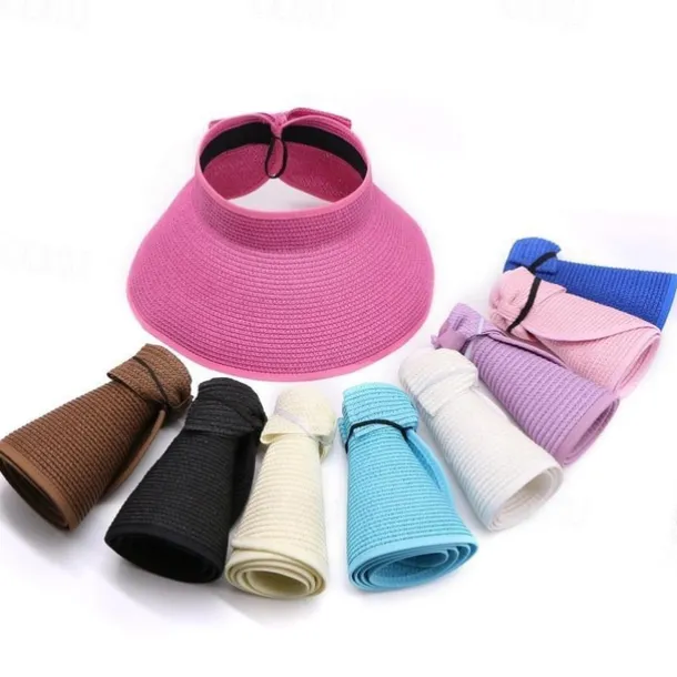 Sun Visor Hats for Women Wide Brim Straw Roll-Up Ponytail Summer Beach Hat UV UPF Packable Foldable Travel Summer
