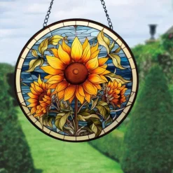 Sunflower Stained Suncatcher Window Hanging, Dog Cat Home Window Decor Suncatcher Birthday Gifts For Women,Mom,Teacher Wreath Sign, Christmas Xmas Decor Gift