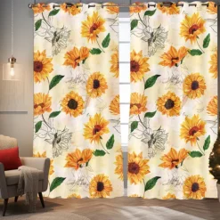 Sunflower Thermal Insulation Outdoor Balcony Rest Living Room Home Decoration 2-piece Set Of 3d Digital Printing Perforated Blackout Curtains