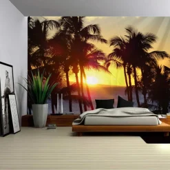 Sunset Palm Trees Hanging Tapestry Wall Art Large Tapestry Mural Decor Photograph Backdrop Blanket Curtain Home Bedroom Living Room Decoration