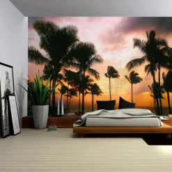 Sunset Palm Trees Hanging Tapestry Wall Art Large Tapestry Mural Decor Photograph Backdrop Blanket Curtain Home Bedroom Living Room Decoration