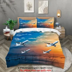 Sunset Sunset Civil Aviation Aircraft Printed 3-Piece Down Quilt Set Hotel Bedroom Guest Room Luxury Bedding Comfortable Set 1 Down Quilt Set 2 Pillowcases Queen Bed Set 2 Piece Set 3 Pie