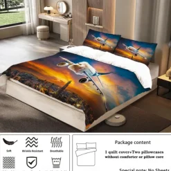 Sunset Sunset Civil Aviation Aircraft Printed 3-Piece Down Quilt Set Hotel Bedroom Guest Room Luxury Bedding Comfortable Set 1 Down Quilt Set 2 Pillowcases Queen Bed Set 2 Piece Set 3 Pie