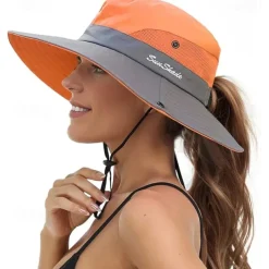 Sunshade Hat UV Protection Wide Brim Beach Cap Foldable Ponytail Bucket Fishing Hat Beach Cap for Fishing Hiking Gardening Outdoor