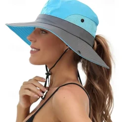 Sunshade Hat UV Protection Wide Brim Beach Cap Foldable Ponytail Bucket Fishing Hat Beach Cap for Fishing Hiking Gardening Outdoor