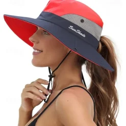 Sunshade Hat UV Protection Wide Brim Beach Cap Foldable Ponytail Bucket Fishing Hat Beach Cap for Fishing Hiking Gardening Outdoor