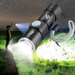 Super bright Rechargeable LED Flashlight With Tail USB Charging Head Zoomable waterproof Torch Portable light 3 Lighting modes Built-in battery