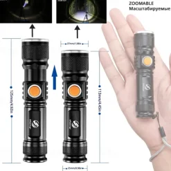 Super bright Rechargeable LED Flashlight With Tail USB Charging Head Zoomable waterproof Torch Portable light 3 Lighting modes Built-in battery