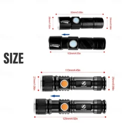 Super bright Rechargeable LED Flashlight With Tail USB Charging Head Zoomable waterproof Torch Portable light 3 Lighting modes Built-in battery