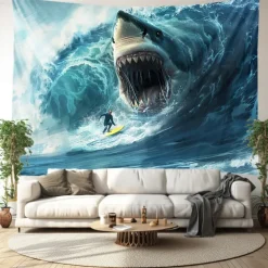 Surfing Shark Ocean Hanging Tapestry Wall Art Large Tapestry Mural Decor Photograph Backdrop Blanket Curtain Home Bedroom Living Room Decoration