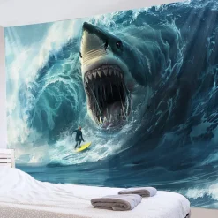 Surfing Shark Ocean Hanging Tapestry Wall Art Large Tapestry Mural Decor Photograph Backdrop Blanket Curtain Home Bedroom Living Room Decoration